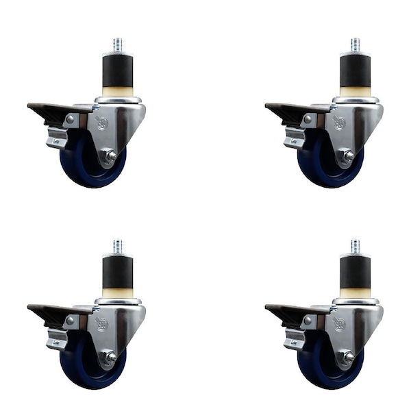 3'' Solid Poly Swivel 1-7/8'' Expanding Stem Caster Set with Brake, 4PK